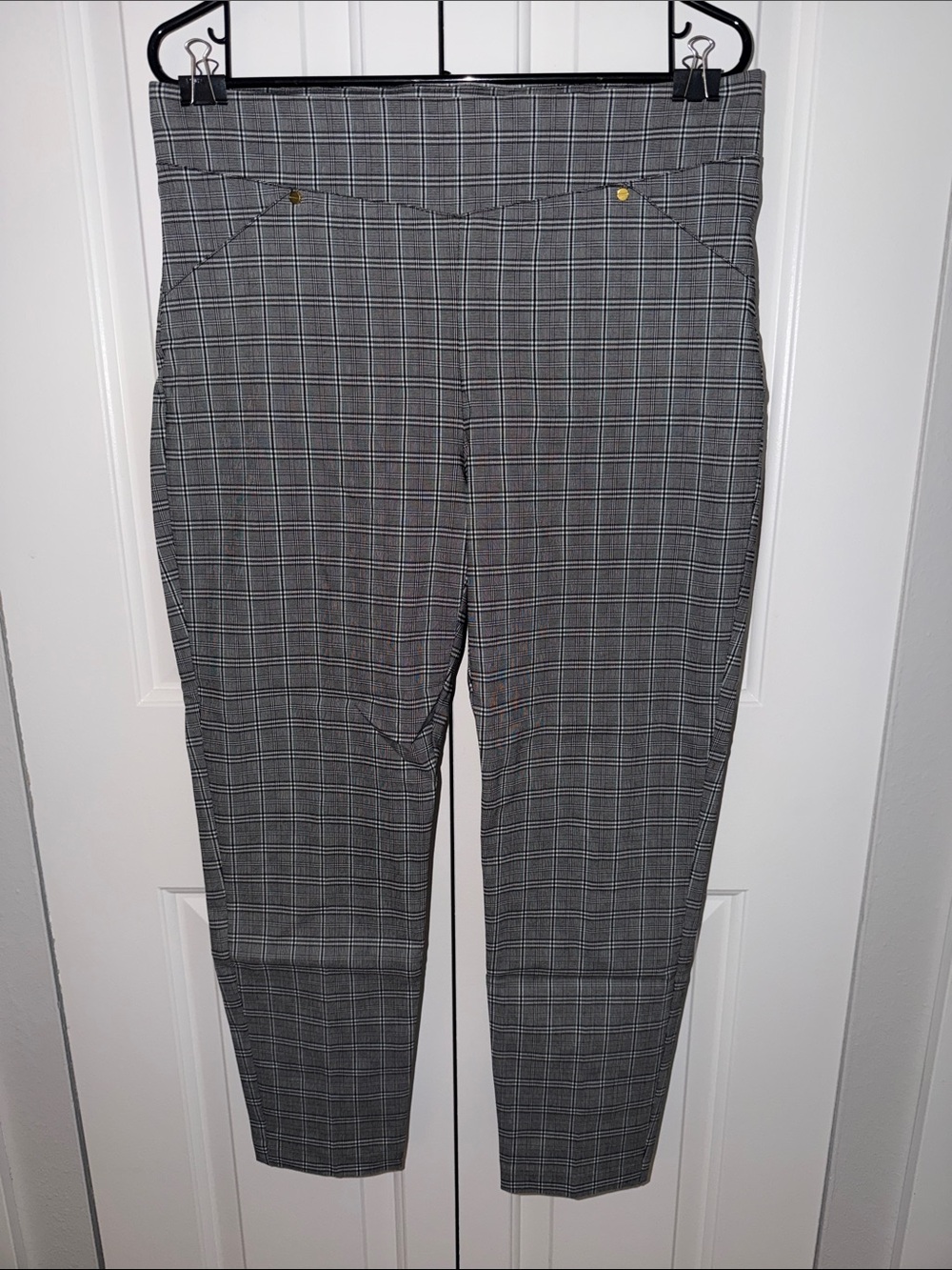 New York Clothing Company Slim Stretch Plaid Pull-on Pants - Gray
